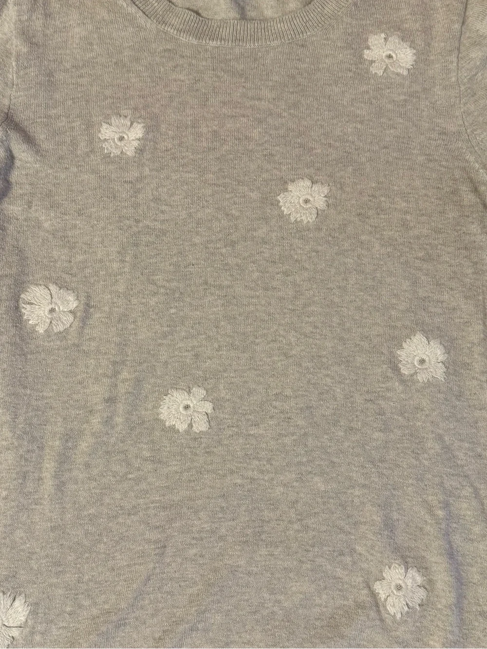J. Crew Light Gray Crewneck Sweater with White Floral Appliqués